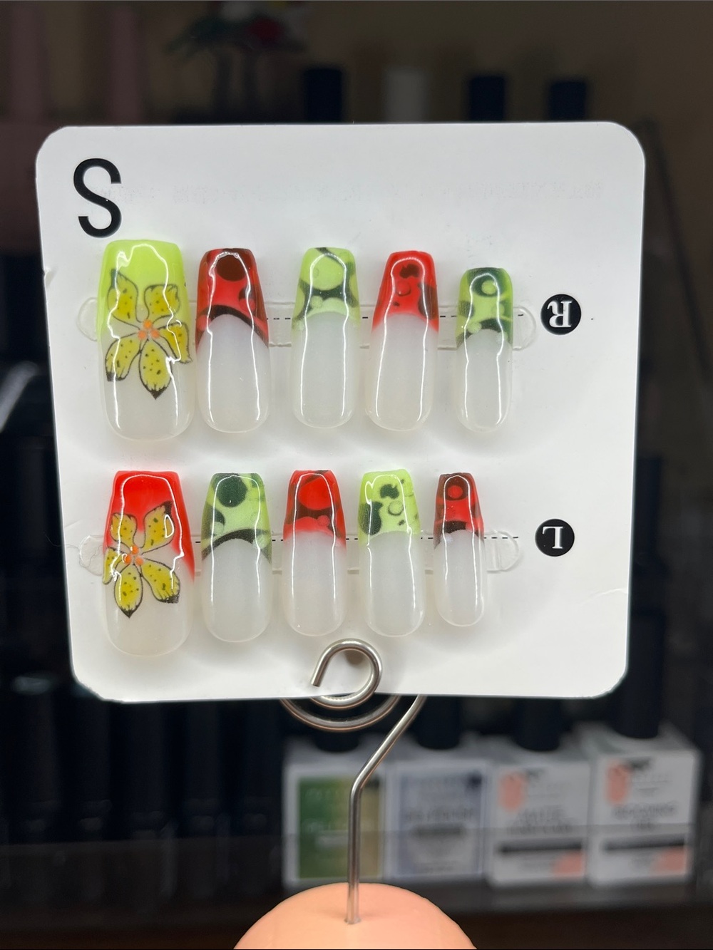 Hand Crafted Neon Green & Red Floral French Press-On Nails